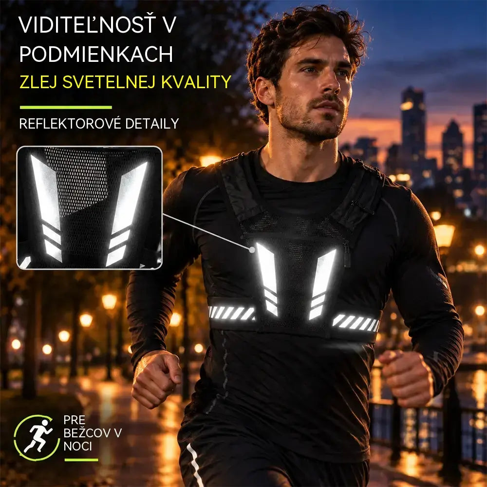 🏃 Bežecká a športová vesta s vreckom na hrudi · Vrecko na telefón so zipsom · Zadný držiak na fľašu s vodou · Reflexné prvky pre viditeľnosť v noci · Priedušná sieťovina a nastaviteľné popruhy!