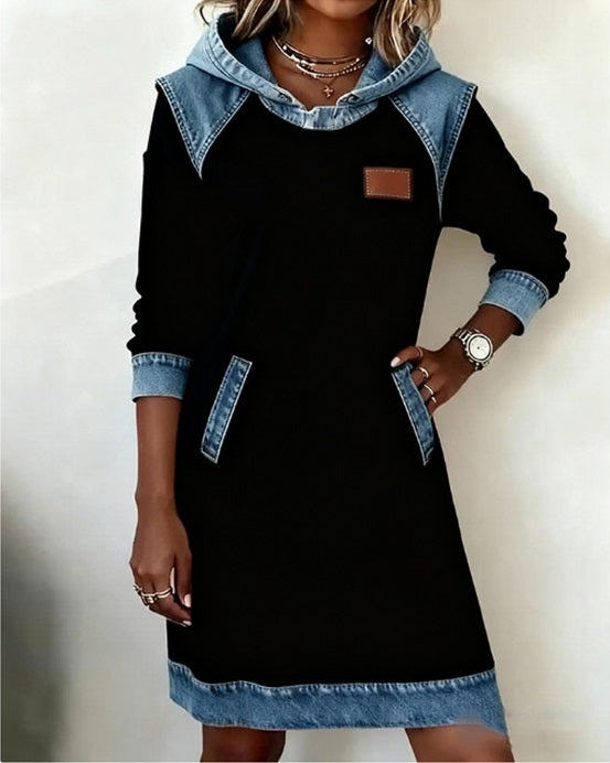 【S–3XL】 Zimné džínsové patchwork šaty s kapucou · Pohodlné