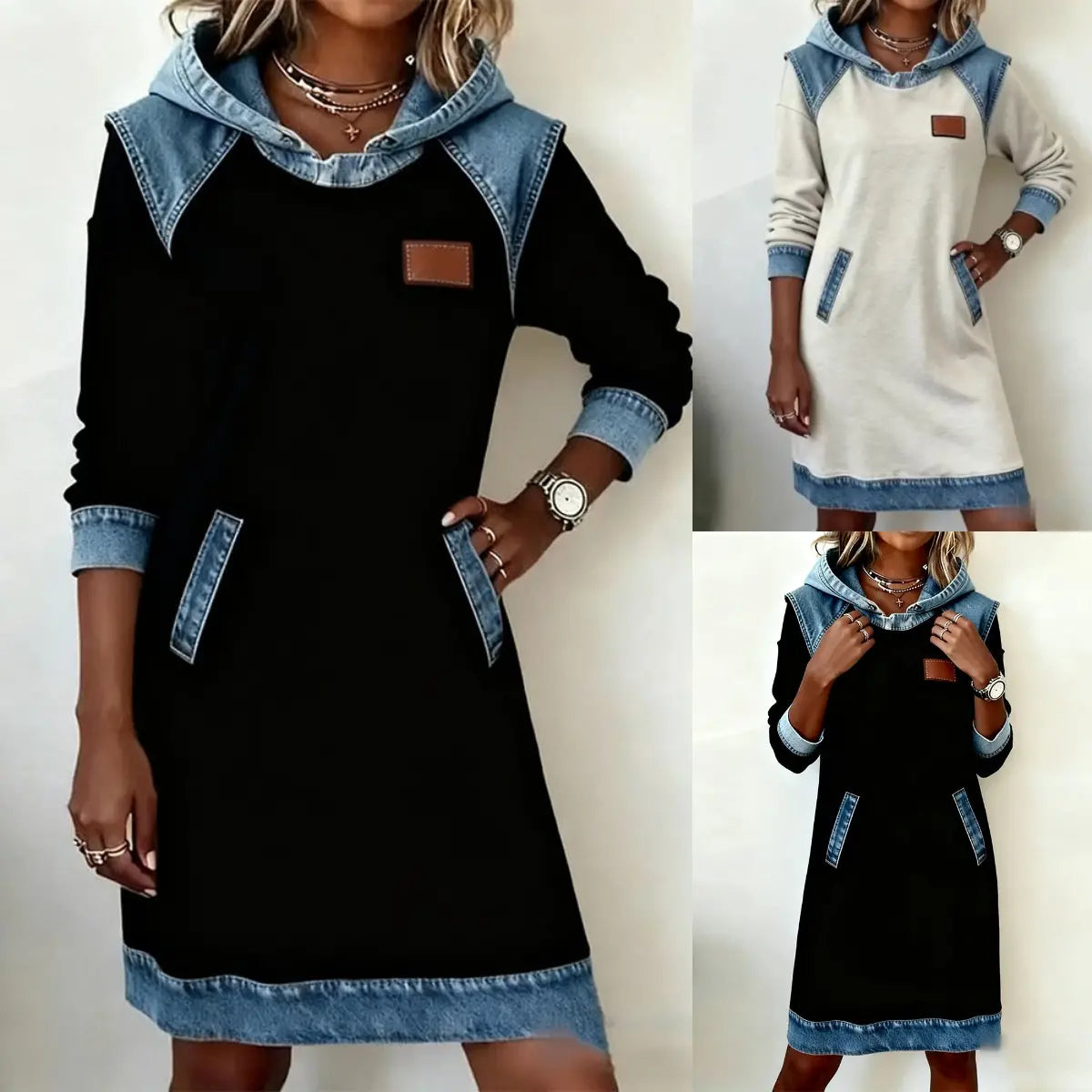 【S–3XL】 Zimné džínsové patchwork šaty s kapucou · Pohodlné
