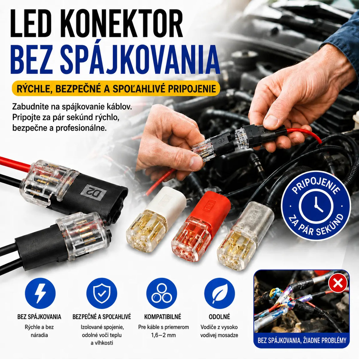 【50 položiek za 18 eur】Konektor kábla bez odizolovania, s uzamykateľnou prackou, bezpečným uzáverom a protišmykovou úpravou