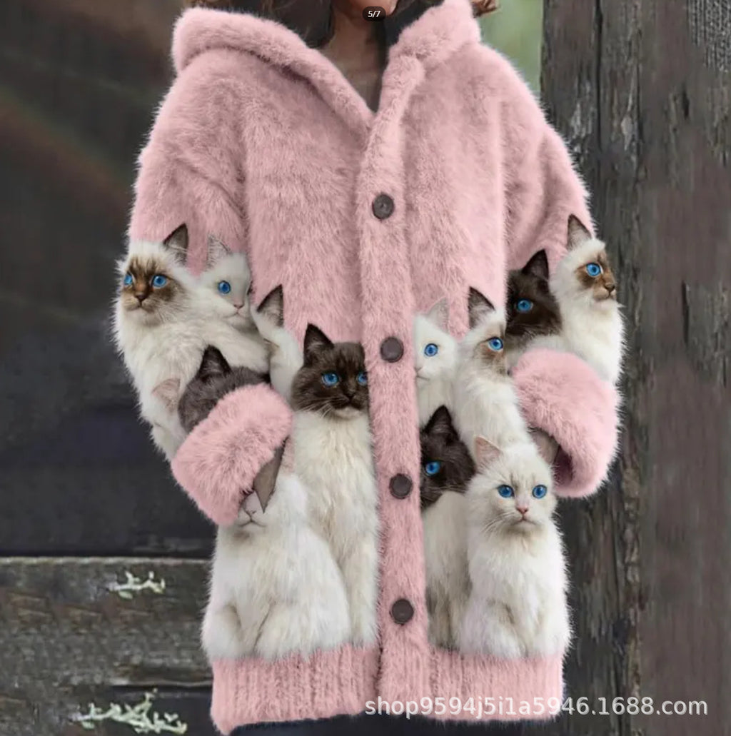 🐱❤️【S-5XL】Slatka mačja krznena jakna s kapuljačom i debelom flis podstavom