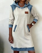 【S–3XL】 Zimné džínsové patchwork šaty s kapucou · Pohodlné