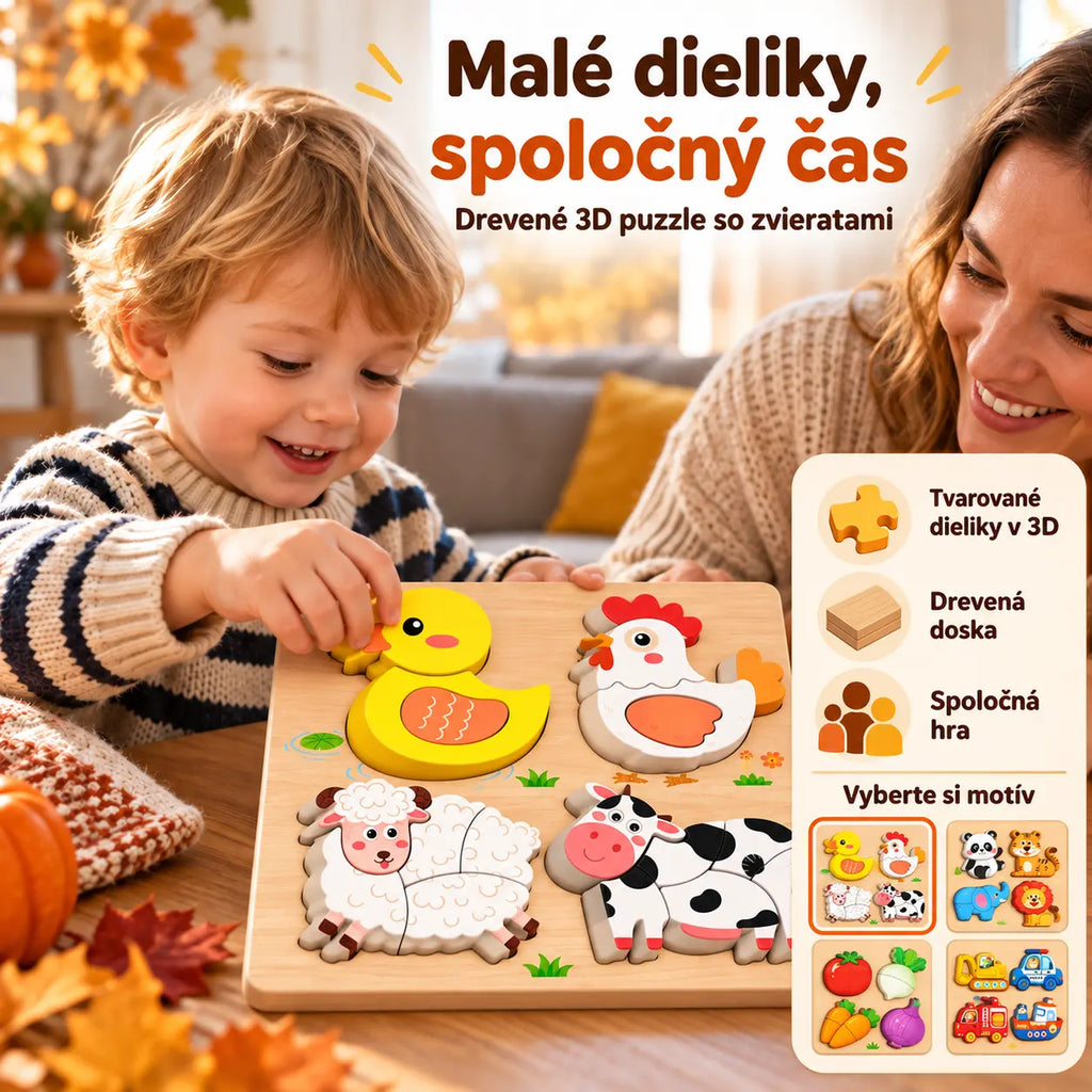 🧩✨【1 sada, 18x18 cm, 8 tém】Montessori 3D drevené puzzle pre deti 1–6 rokov – rozvoj logického myslenia a jemnej motoriky.