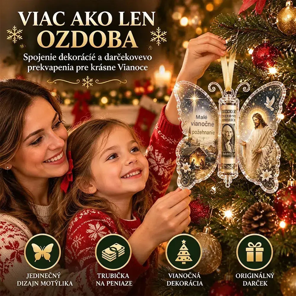 🎁5-dielna sada, cena 26 eur✨💴🎄 Vianočná ozdoba v tvare motýľa – šikovne do nej ukryte peňažný darček!