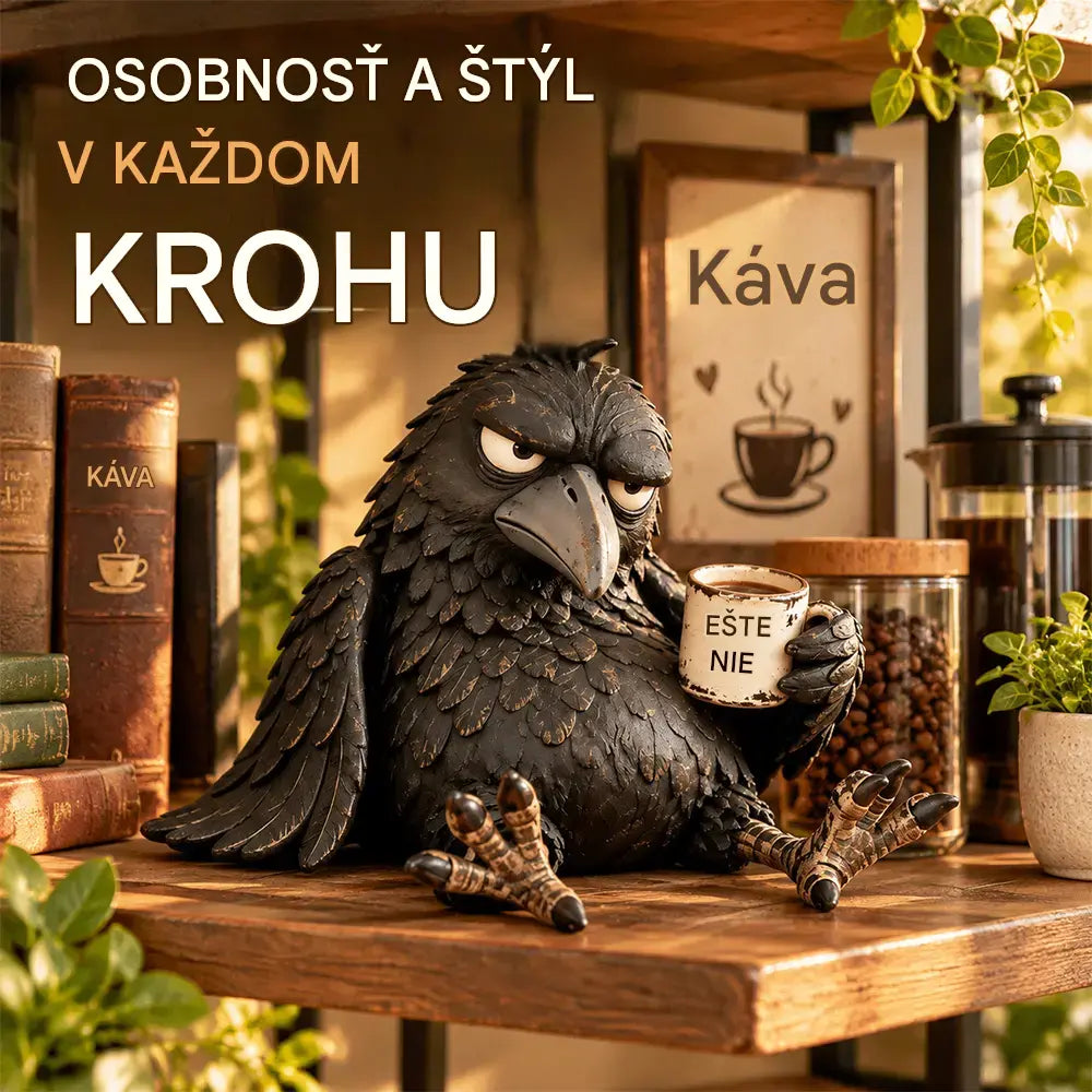 ☕😂 Figúrka nevrlej kávovej vrany – zábavná ranná dekorácia pre milovníkov kávy
