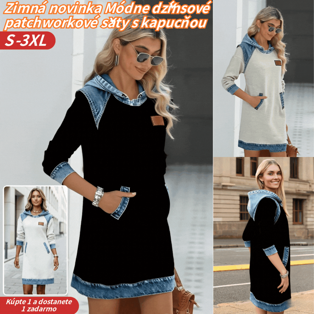 🔥【50 % zľava na nové produkty!】🌷🌞Zimná novinka Módne džínsové patchworkové šaty s kapucňou