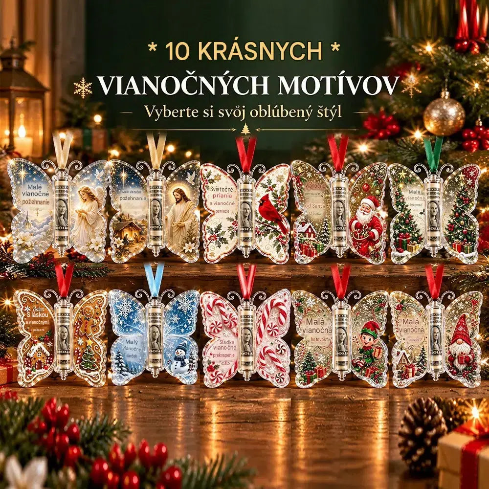 🎁5-dielna sada, cena 26 eur✨💴🎄 Vianočná ozdoba v tvare motýľa – šikovne do nej ukryte peňažný darček!