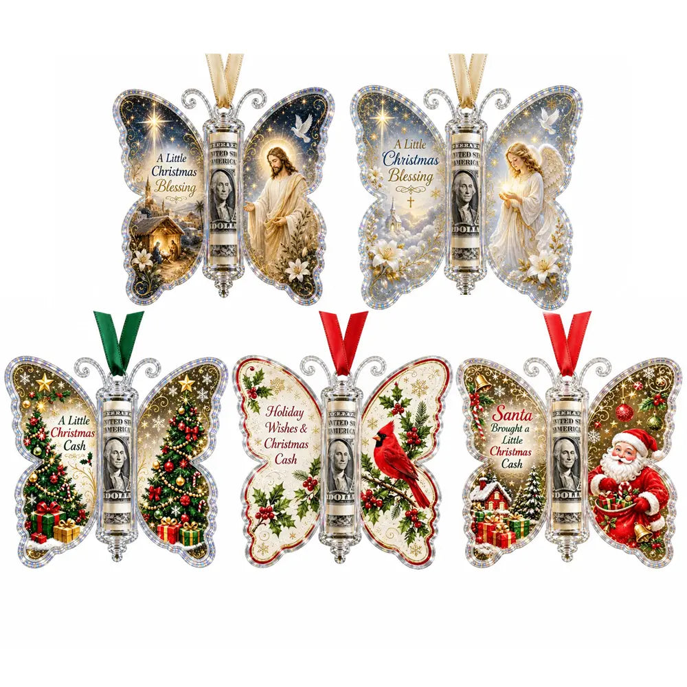 🎁5-dielna sada, cena 26 eur✨💴🎄 Vianočná ozdoba v tvare motýľa – šikovne do nej ukryte peňažný darček!