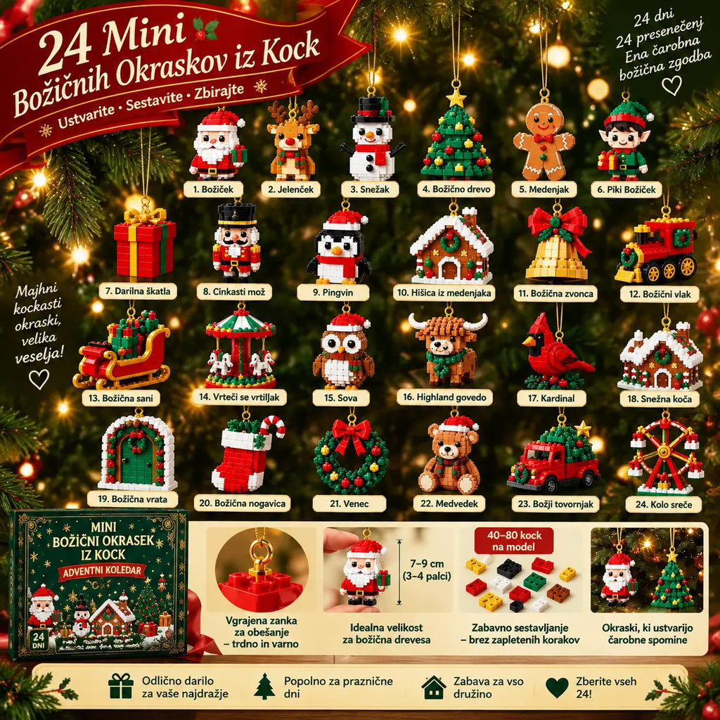 24-dnevni mini adventni koledar z božičnimi okraski iz kock