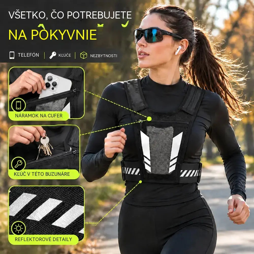 🏃 Bežecká a športová vesta s vreckom na hrudi · Vrecko na telefón so zipsom · Zadný držiak na fľašu s vodou · Reflexné prvky pre viditeľnosť v noci · Priedušná sieťovina a nastaviteľné popruhy!